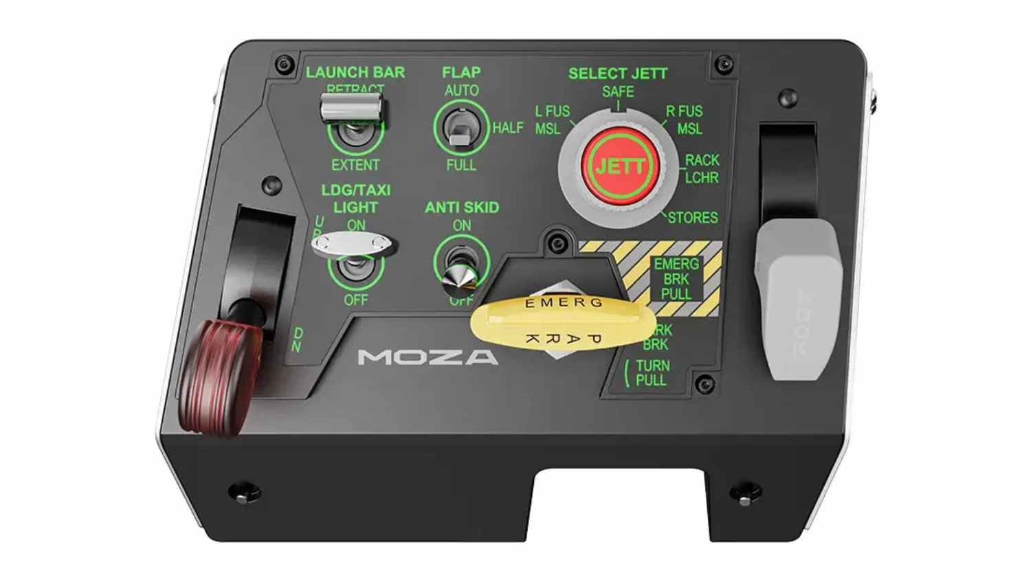 Front view of the MOZA Multi-Function Landing Panel, featuring a red lever, yellow parking brake handle, and grey hook control
