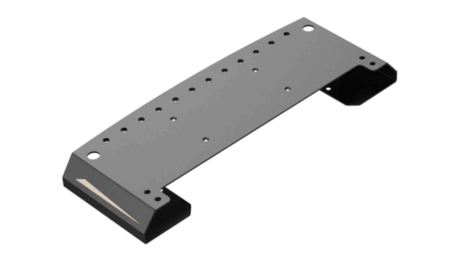 Angled view of a black MOZA Racing MBooster Base Extension Plate with multiple drill holes, a rectangular design, and folded end supports