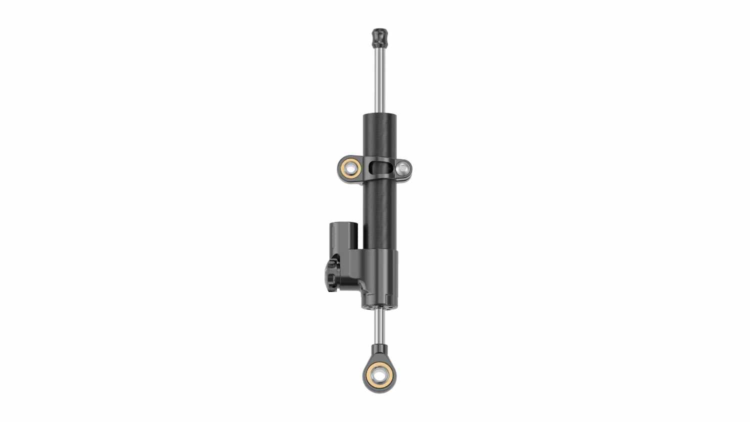 Front view of a black MOZA Racing MRP Adjustable Damper with an adjustable cylinder and silver rod