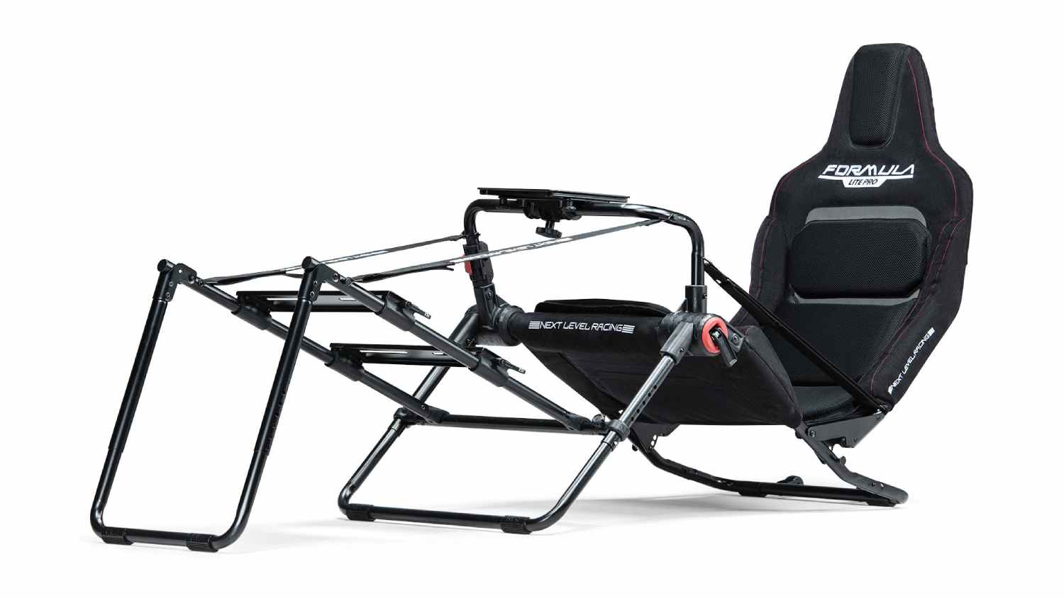 Front angled view of a black Next Level Racing Formula Foldable Simulation Cockpit with a foldable frame and fabric seat
