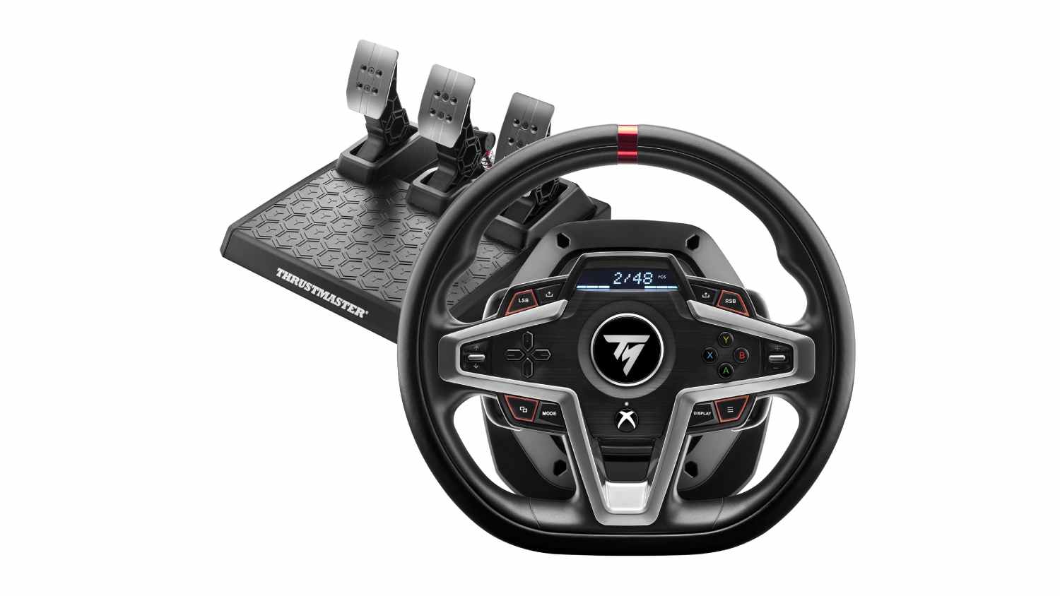 Front view of a Thrustmaster T248 Simulation Racing Kit for Xbox and PC with a three-pedal set, black finish, and red centre marker