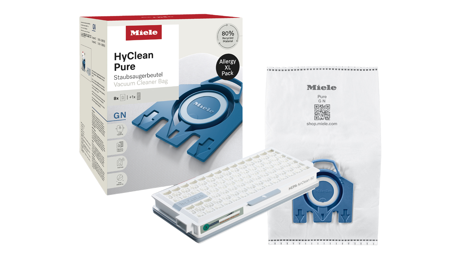 Front angled view of a Miele GN Allergy XL HyClean Pure Replacement Vacuum Bag with a blue collar, white HEPA filter, and retail box