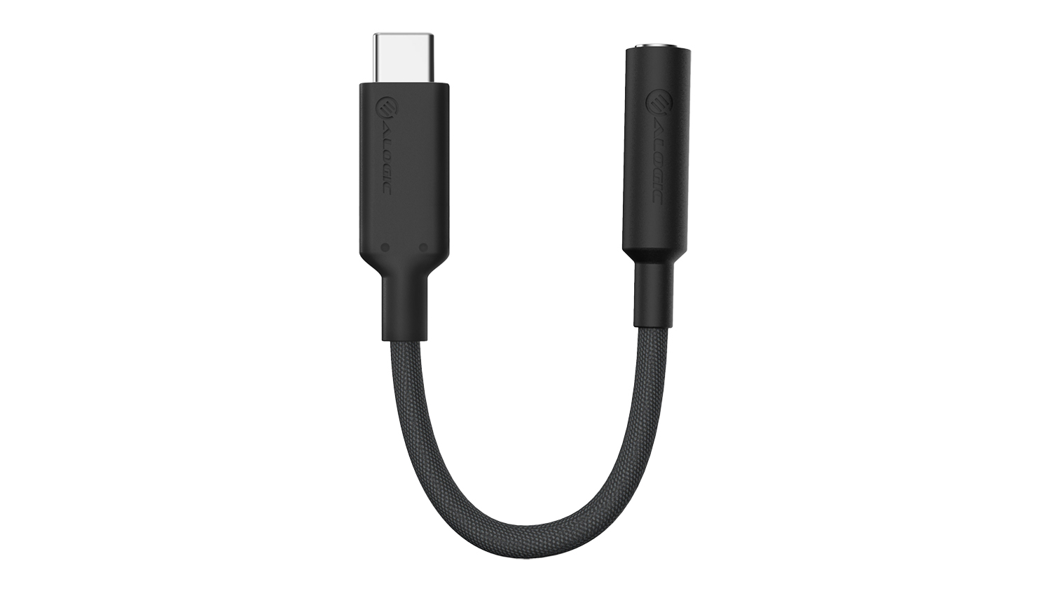 Front view of black Alogic Elements Pro USB-C to 3.5mm Audio Adapter (10cm) with braided cable and compact housing