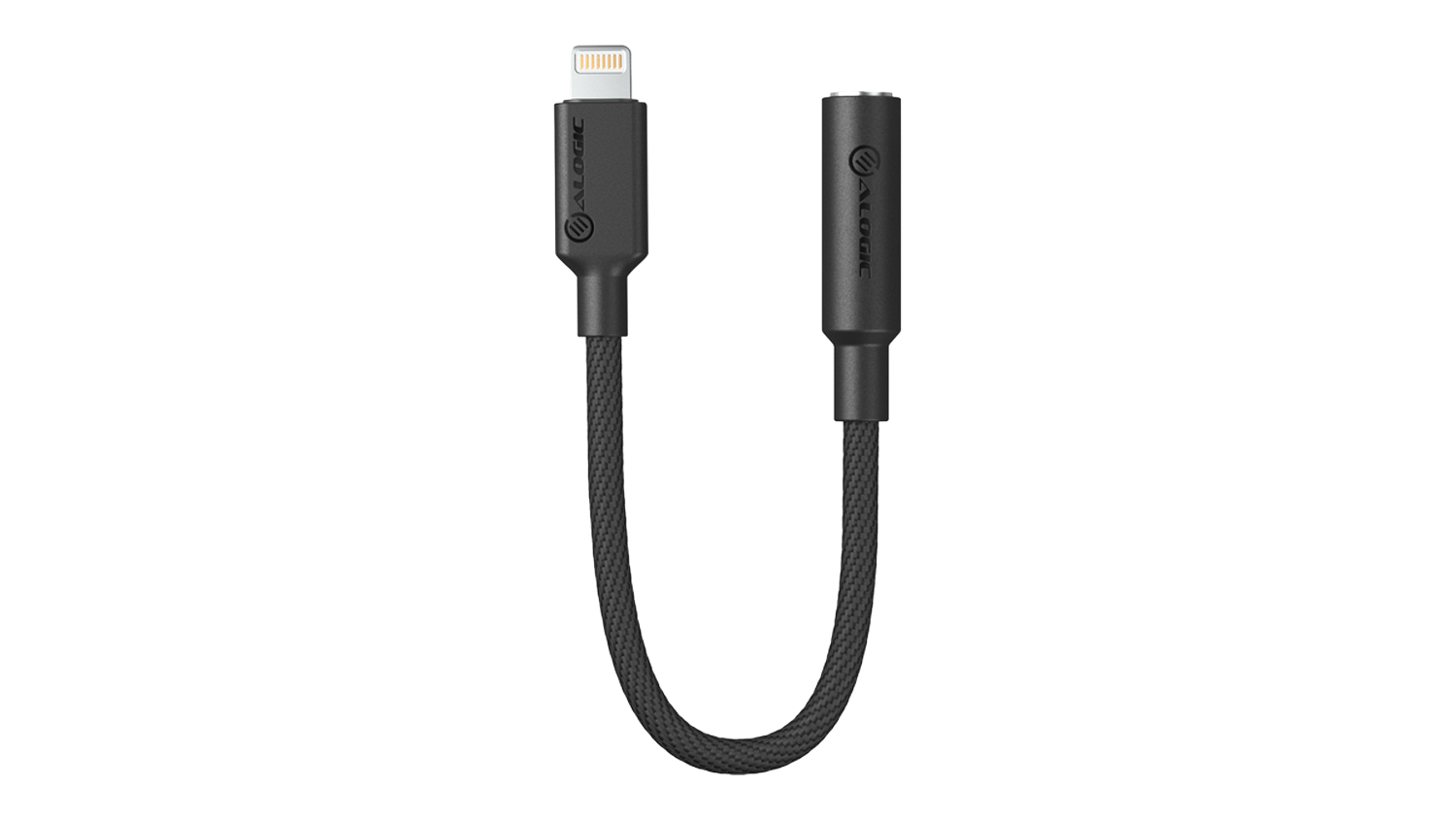 Front view of an Alogic Elements Pro Lightning to 3.5mm Audio Adapter (10cm) featuring a black braided cable curved into a U-shape