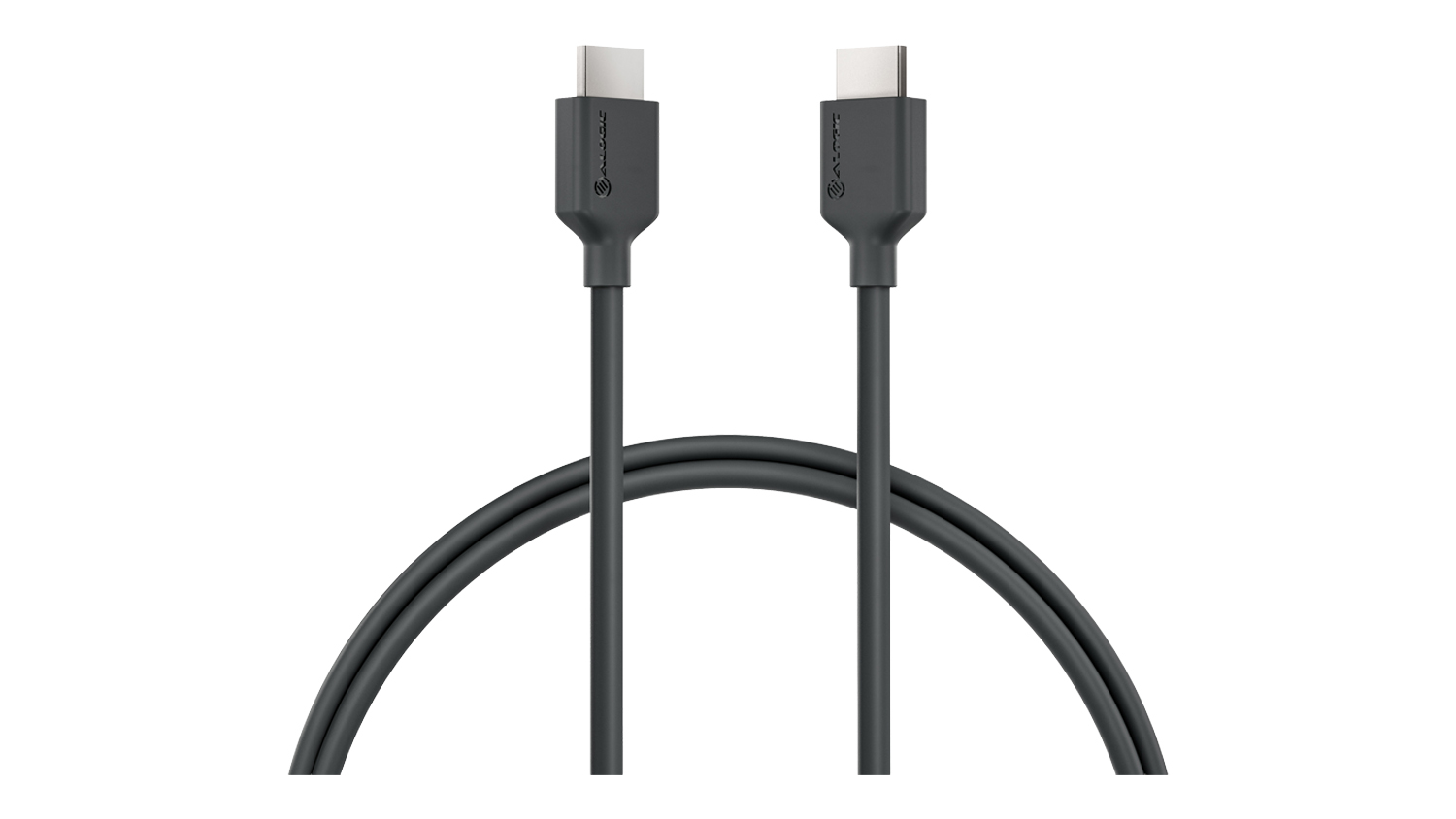 Front view of a black Alogic Elements HDMI Cable (2m) with 4K support, straight connectors, and a curved cable design