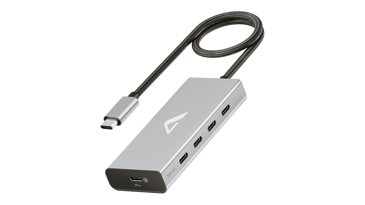 Angled view of a space greyUSB-C hub with a braided cable, featuring four USB-C ports and a compact aluminium design