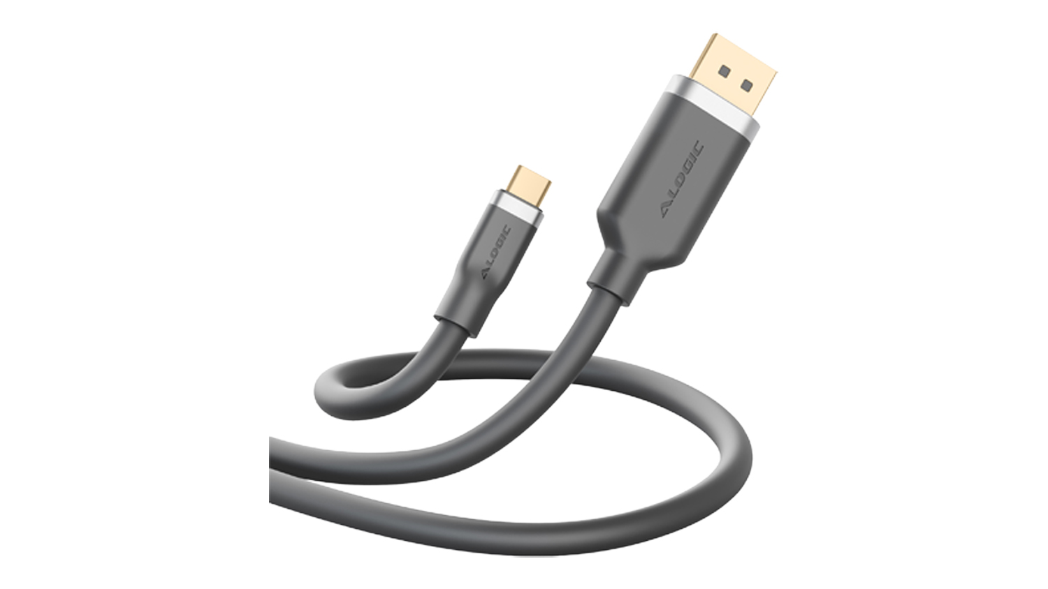 Front angle view of an Alogic Ultra Silicone USB-C to DisplayPort Cable (1m) with 8K Support, featuring a coiled black matte cord and gold-plated connectors