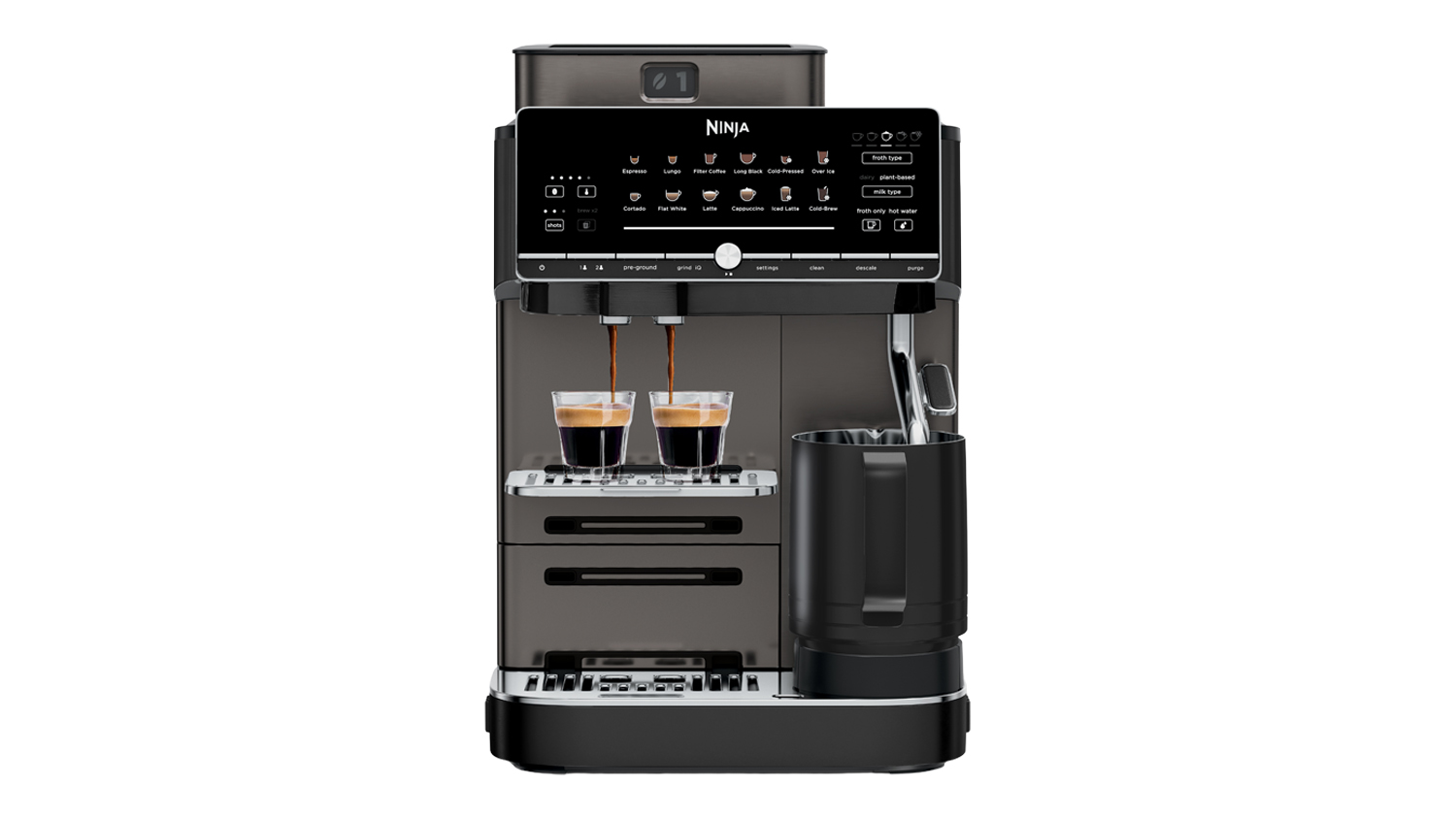 Front view of a black Ninja AutoBarista Pro Automatic Coffee Machine brewing two espresso shots, featuring an integrated milk frother