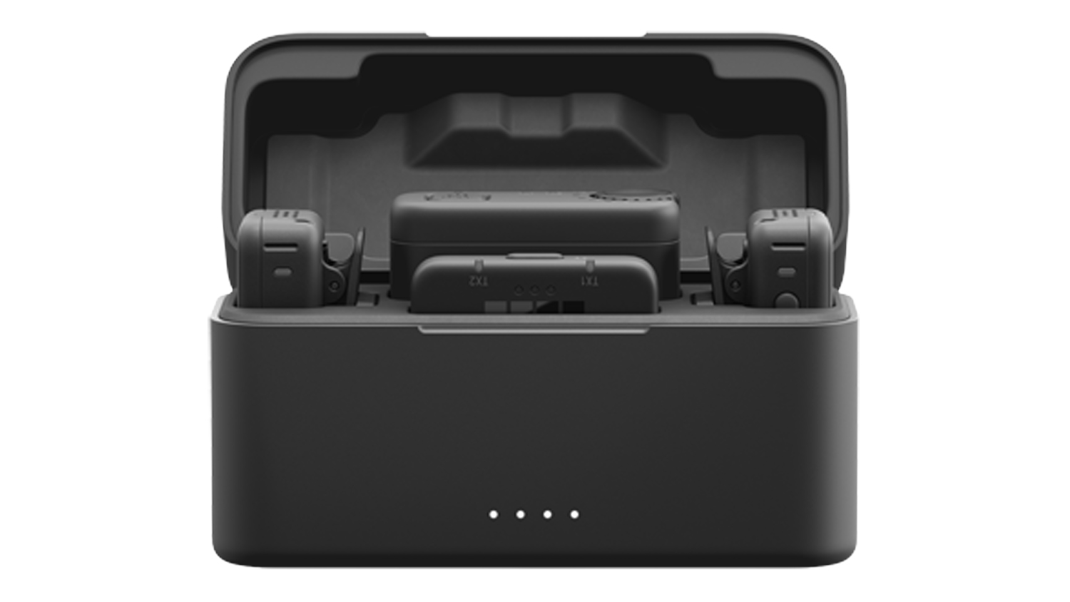 Front view of a black GoPro Wireless Mic Complete Kit with two transmitters and LED battery indicators