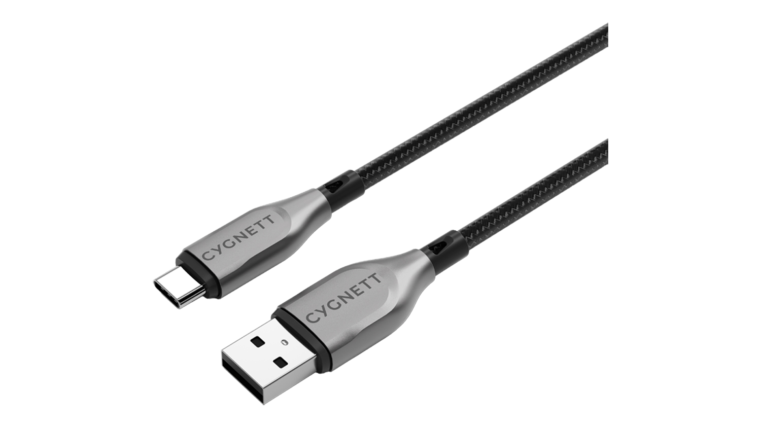 Angled view of a Cygnett Armoured USB-C to USB-A Cable 50cm with silver connectors and a black braided design
