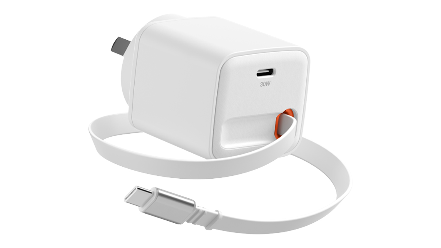Front angled view of the Cygnett PowerPlus 30W USB-C Wall Charger with an 80cm retractable cable and integrated USB-C cable