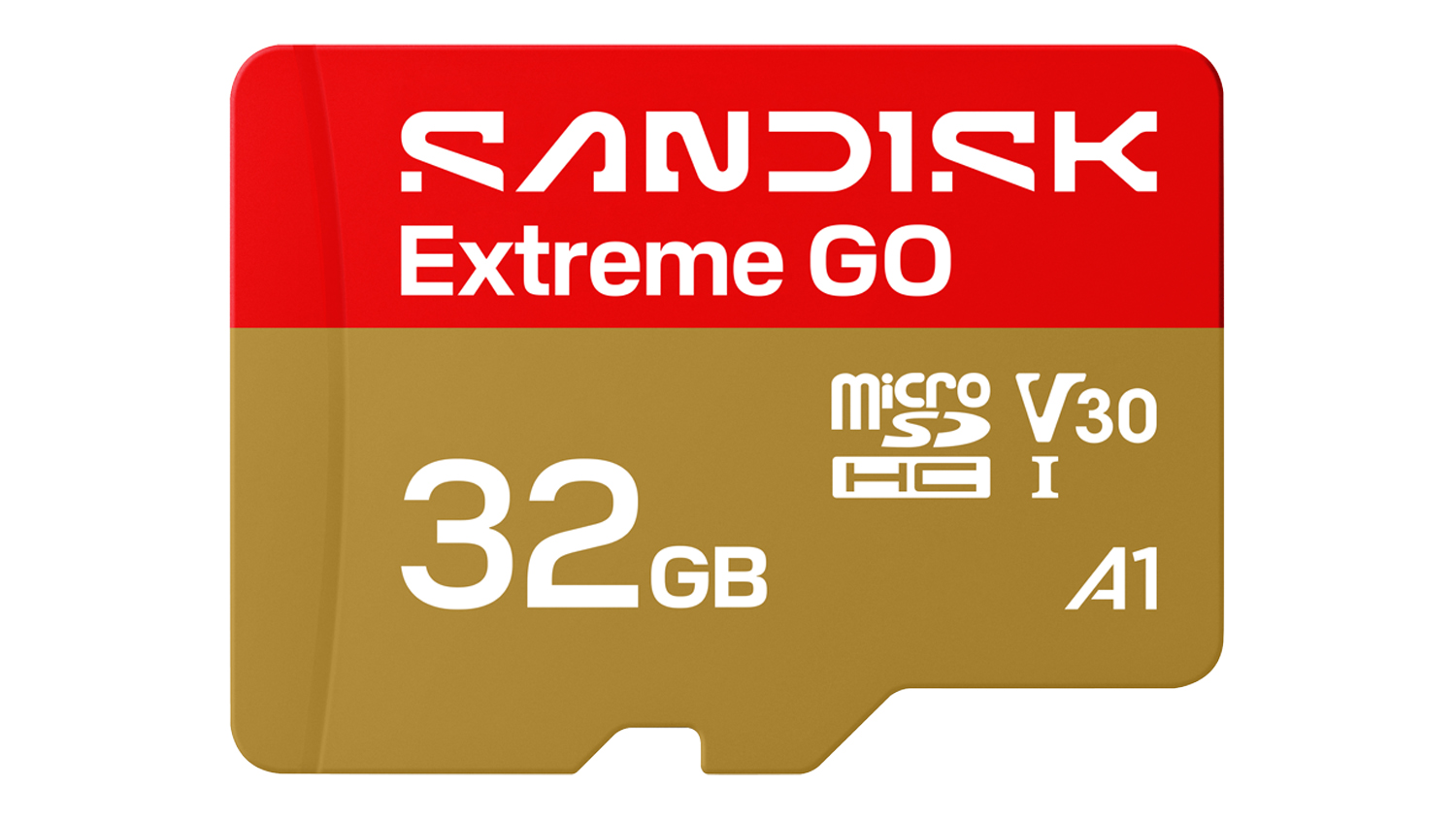 Front view of a SanDisk Extreme GO 32GB microSDXC memory card in red and gold