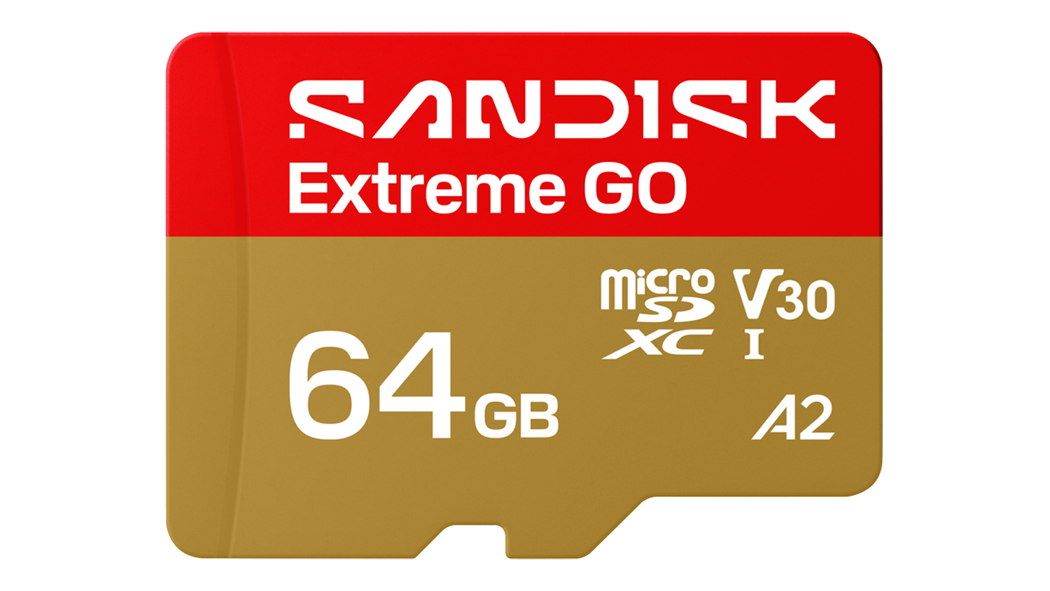Front view of a SanDisk Extreme GO 64GB microSDXC memory card in red and gold