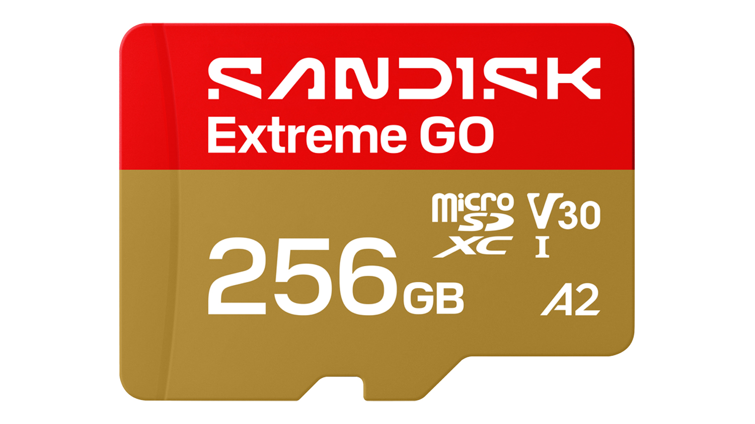 Front view of a SanDisk Extreme GO 256GB microSDXC memory card in red and gold
