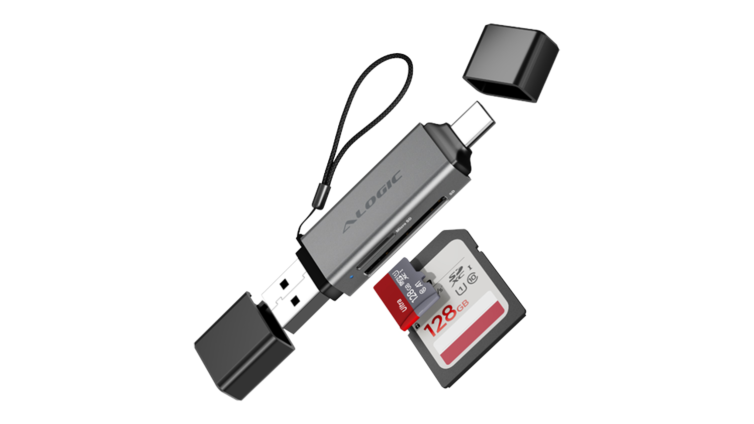 Angled view of an ALOGIC Flash Mini USB-C/USB-A to SD and microSD Card Reader Adapter with SD and microSD slots, removable caps, and a wrist strap