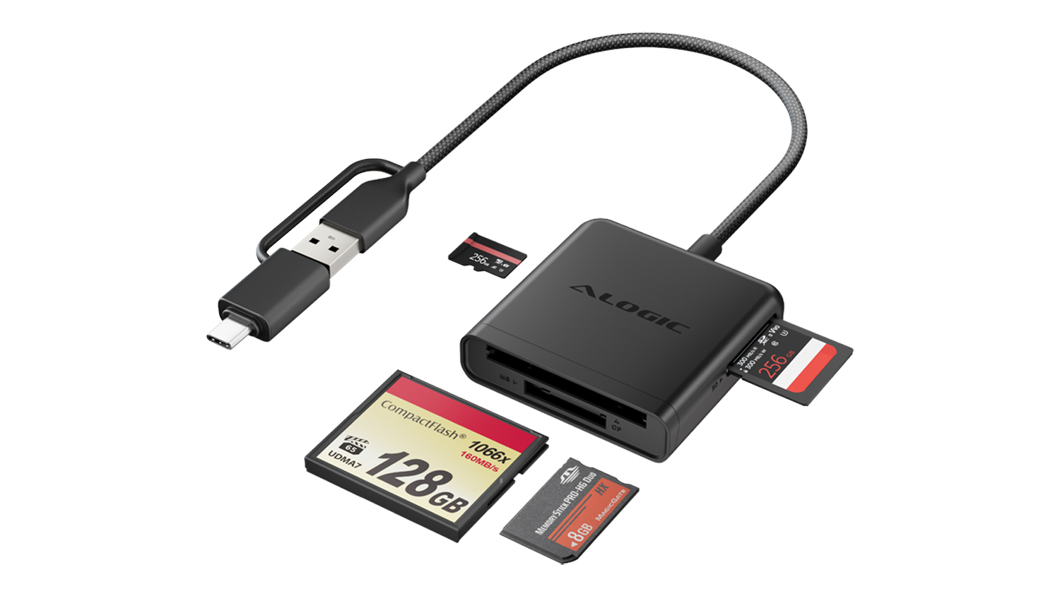 Black Alogic Flash Maxi USB-C/USB-A to Multi-Card Reader Adapter with a braided USB-C and USB-A combo cable, surrounded by memory cards