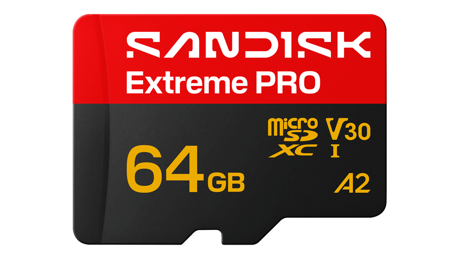 Front view of SanDisk Extreme PRO 64GB MicroSD card with red and black design