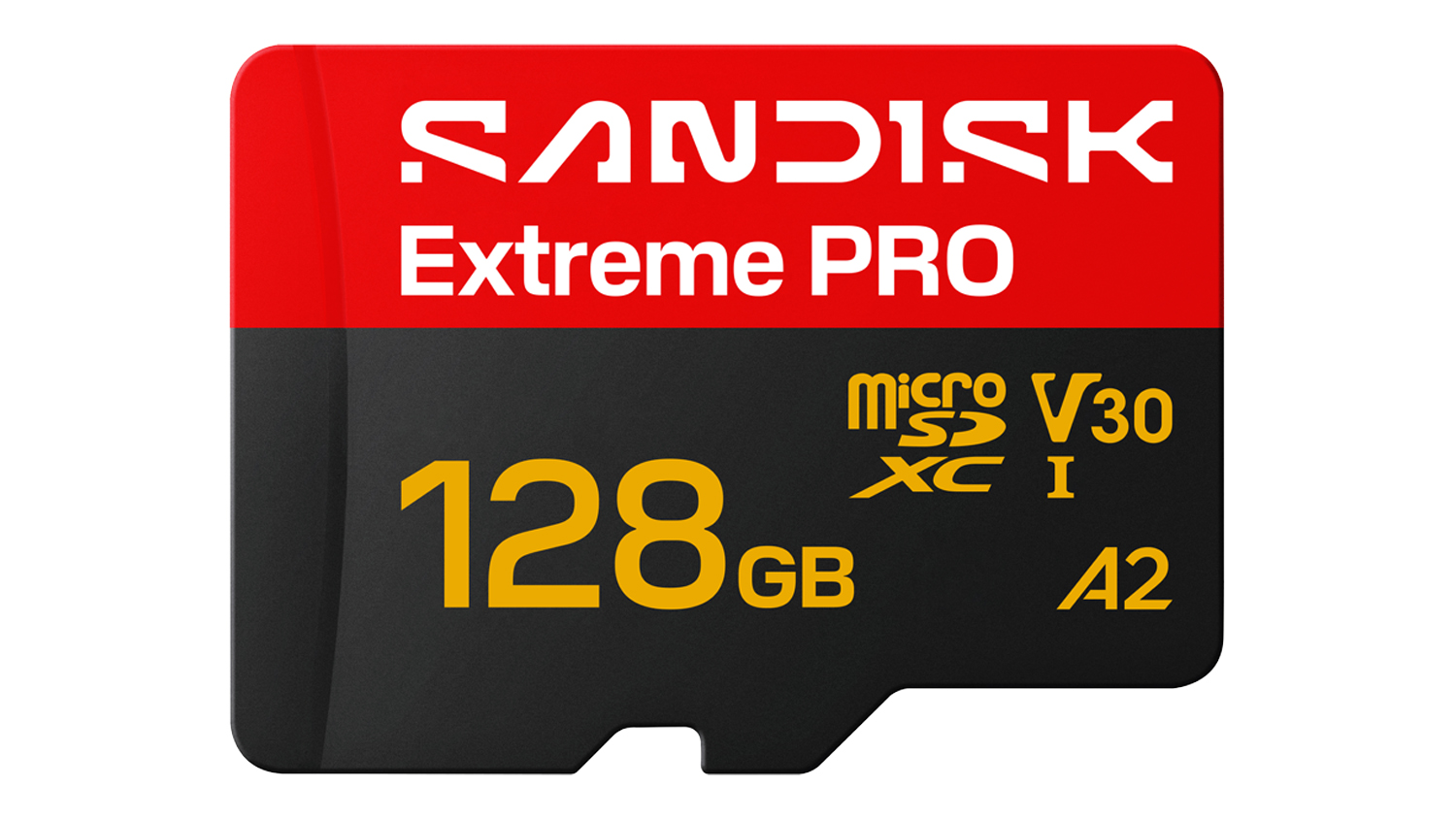 Front view of SanDisk Extreme PRO 128GB MicroSD card with red and black design