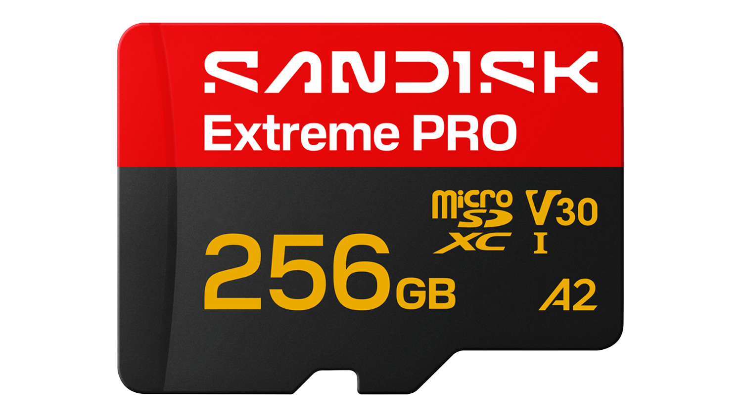 Front view of SanDisk Extreme PRO 256GB MicroSD card with red and black design