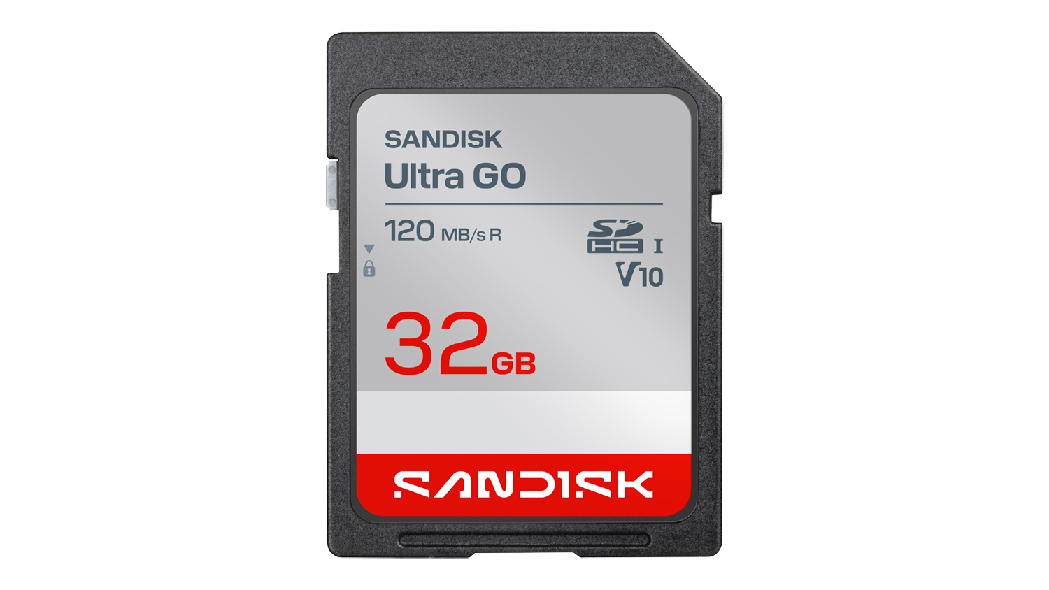 Front view of a SanDisk Ultra GO SD Card - 32GB (SDHC, UHS-I, Class 10, U1, V10, A1, Read 120 MB/s) with a black frame, silver label, and red capacity marking