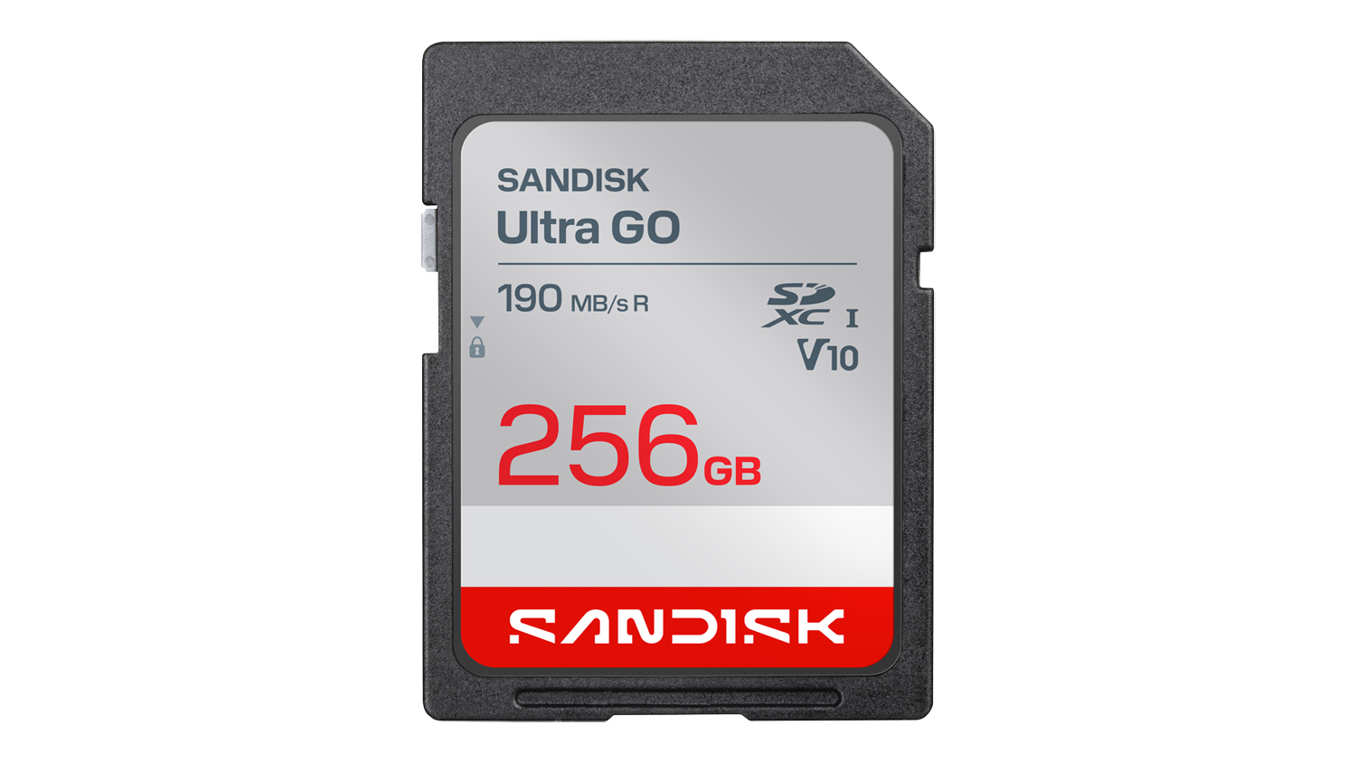Front view of a SanDisk Ultra GO SD Card - 256GB (SDHC, UHS-I, Class 10, U1, V10, A1, Read 190 MB/s) with a black frame, silver label, and red capacity marking