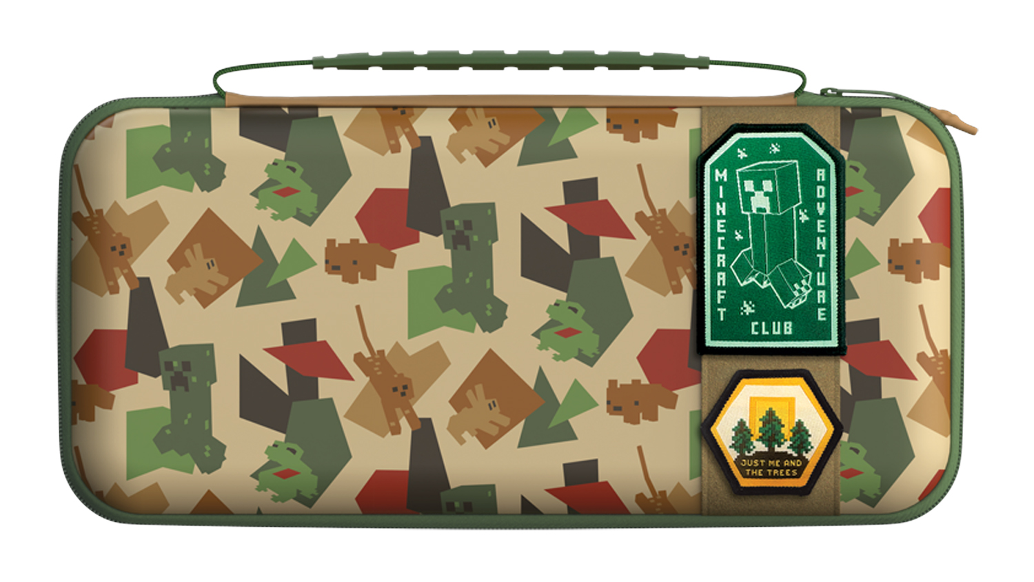 Front View of a Minecraft-themed storage case with green trim, a character-print design, and removable badge patches