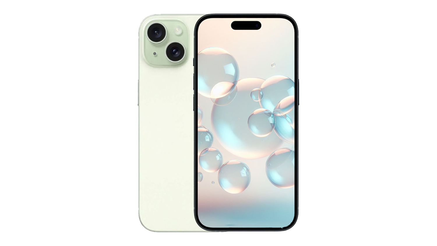 Apple iPhone 15 5G 128GB in green, shown from the front and rear