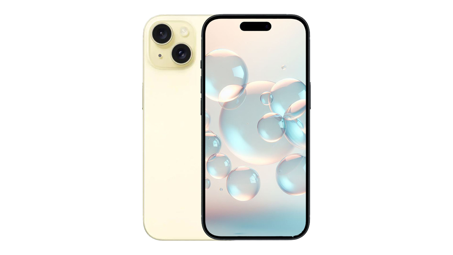 Apple iPhone 15 5G 128GB in yellow, shown from the front and rear