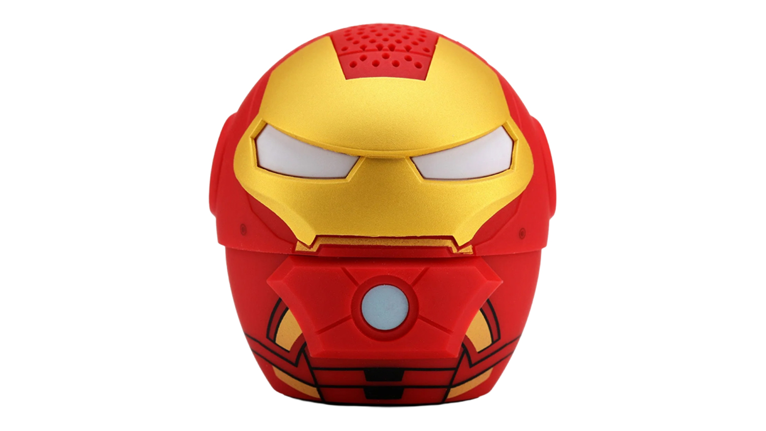 Front view of a Bitty Boomers Portable Bluetooth Speaker with a red and gold helmet design, featuring speaker grille cutouts on top