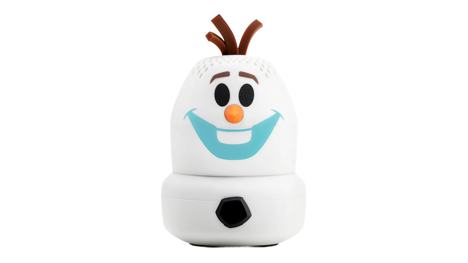 Front view of an Olaf Bitty Boomers Portable Bluetooth Speaker, featuring a white dome-shaped body, smiling face, and brown twig hair