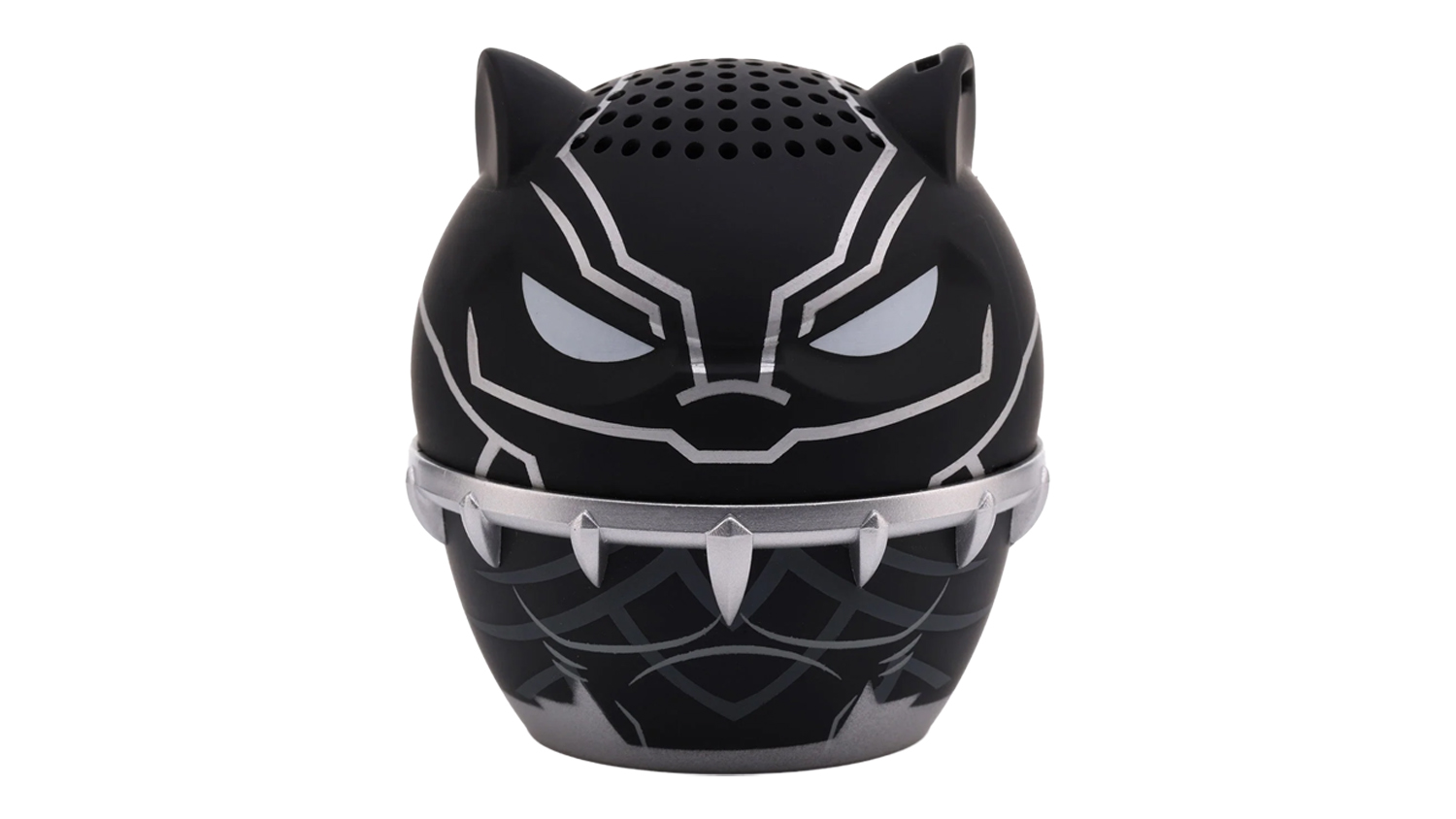 Front view of a Black Panther-themed Bitty Boomers portable Bluetooth speaker with silver accents, feline ears, and a perforated top grille