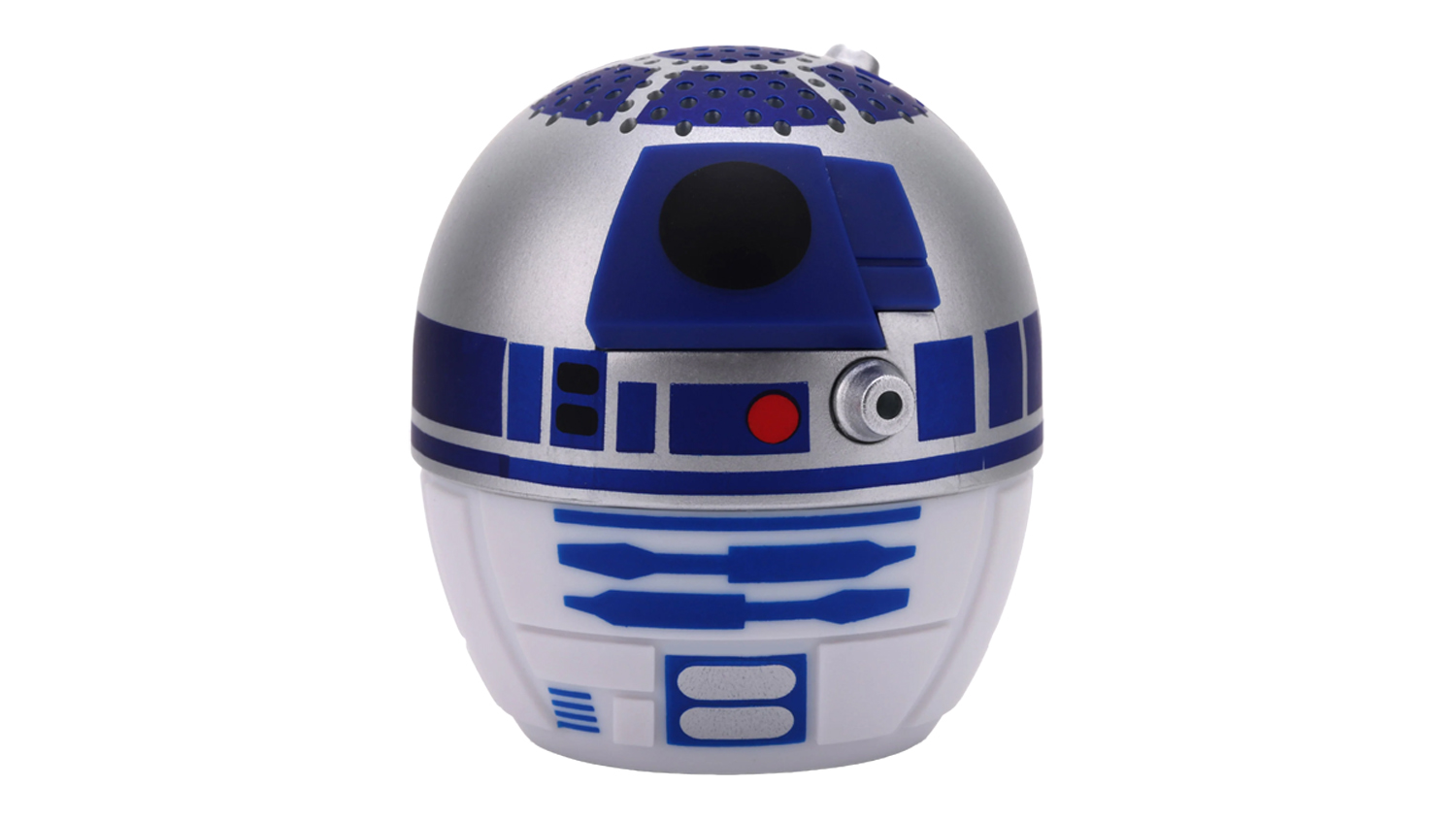 Front view of the blue, silver, and white Bitty Boomers Portable Bluetooth Speaker with a perforated top grille