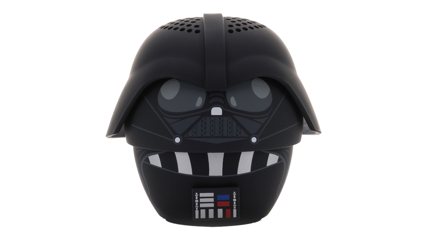 Front view of a black Darth Vader-inspired Bitty Boomers Portable Bluetooth Speaker with a helmet design and graphic control panel