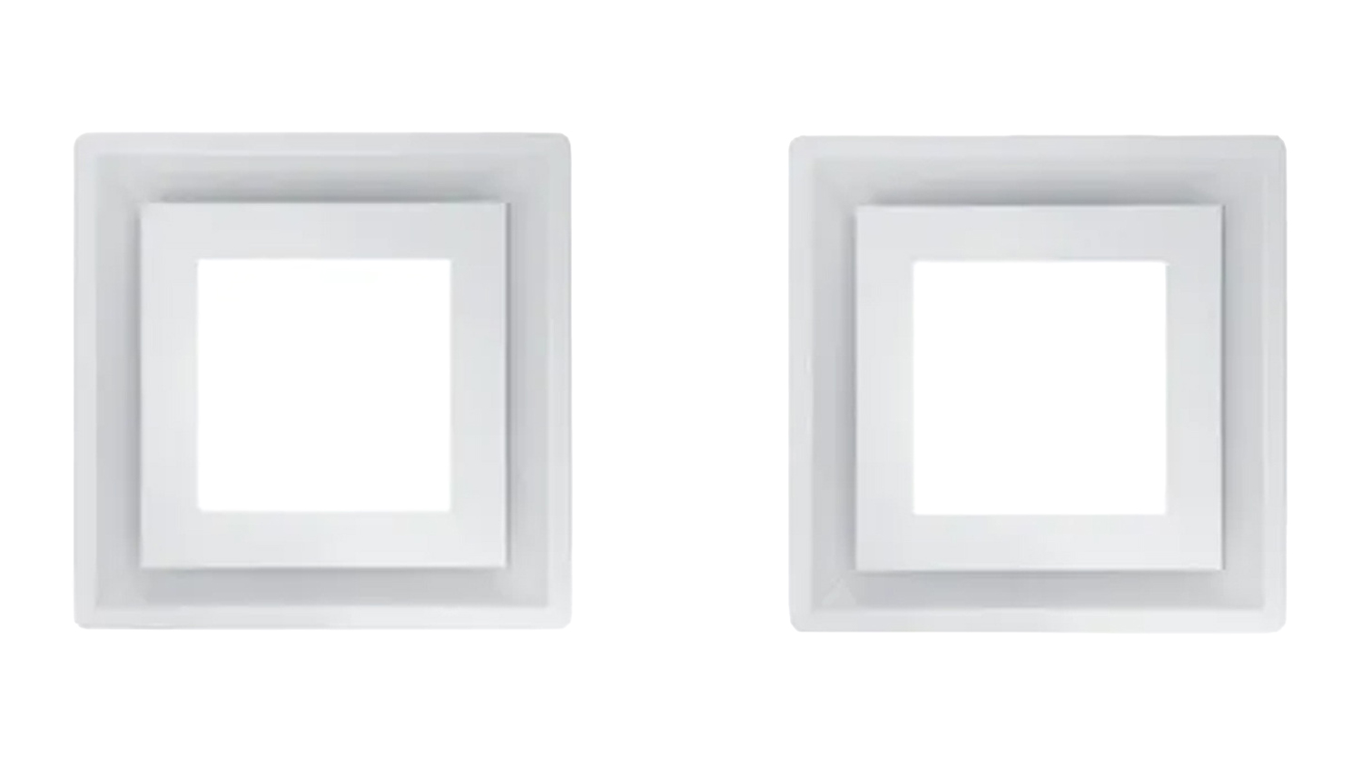 Two white square Schweigen Paradigma ceiling rangehood modules side by side