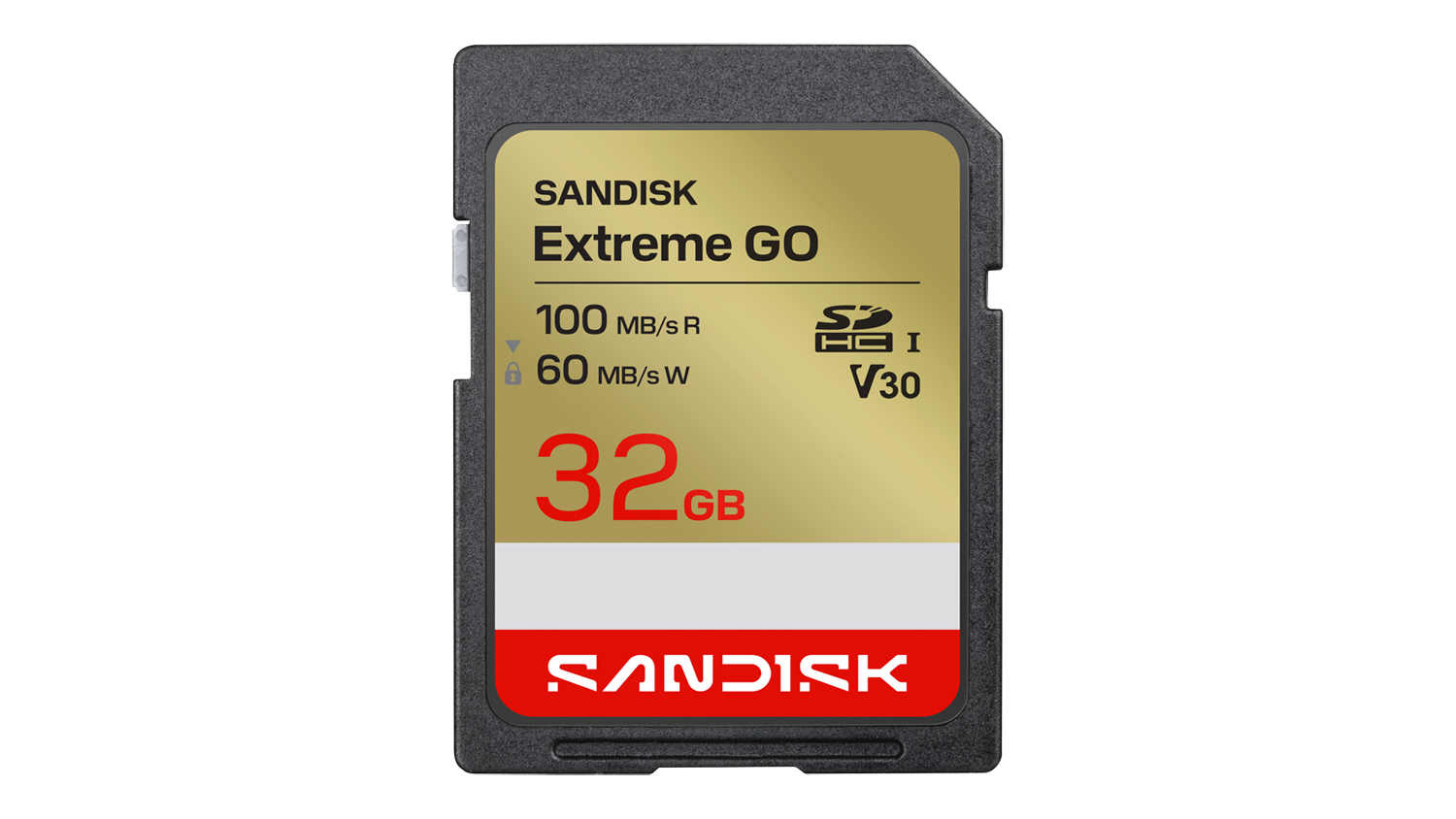Front view of a SanDisk Extreme GO SD Card - 32GB (SDHC, UHS-I, Class 10, U3, V30, Read 100 MB/s, Write 60 MB/s), with a gold label and black housing