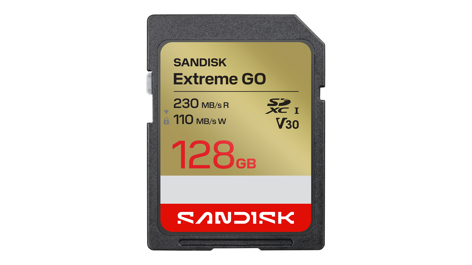 Front view of a SanDisk Extreme GO SD Card - 128GB (SDXC UHS-I, Class 10, U3, V30, Read 230 MB/s, Write 110 MB/s), with a gold label and black housing