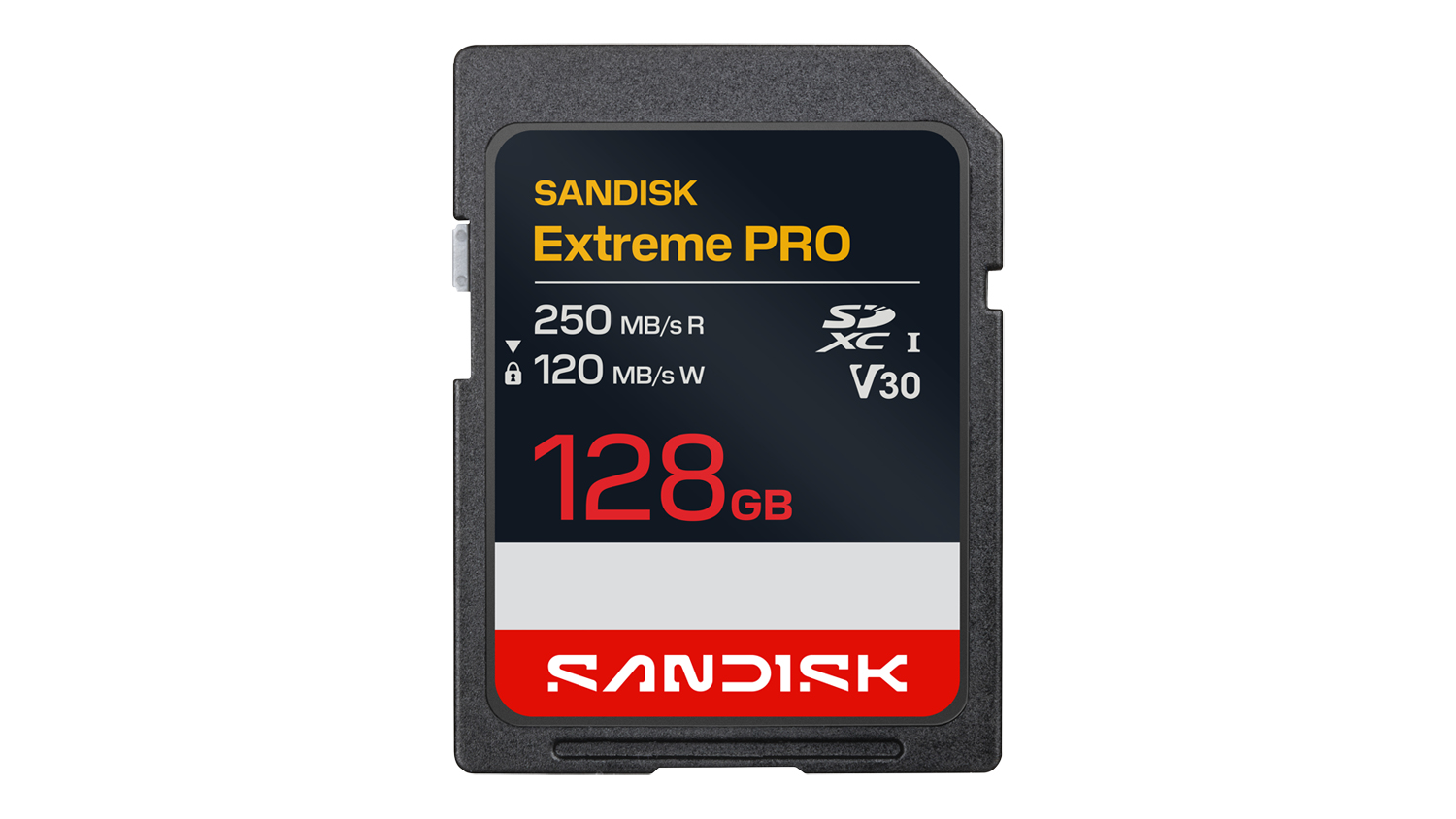 Front view of a SanDisk Extreme PRO SD Card - 128GB (SDXC, UHS-I, Class 10, U3, V30, Read 250 MB/s, Write 120 MB/s) with a black housing and red capacity label
