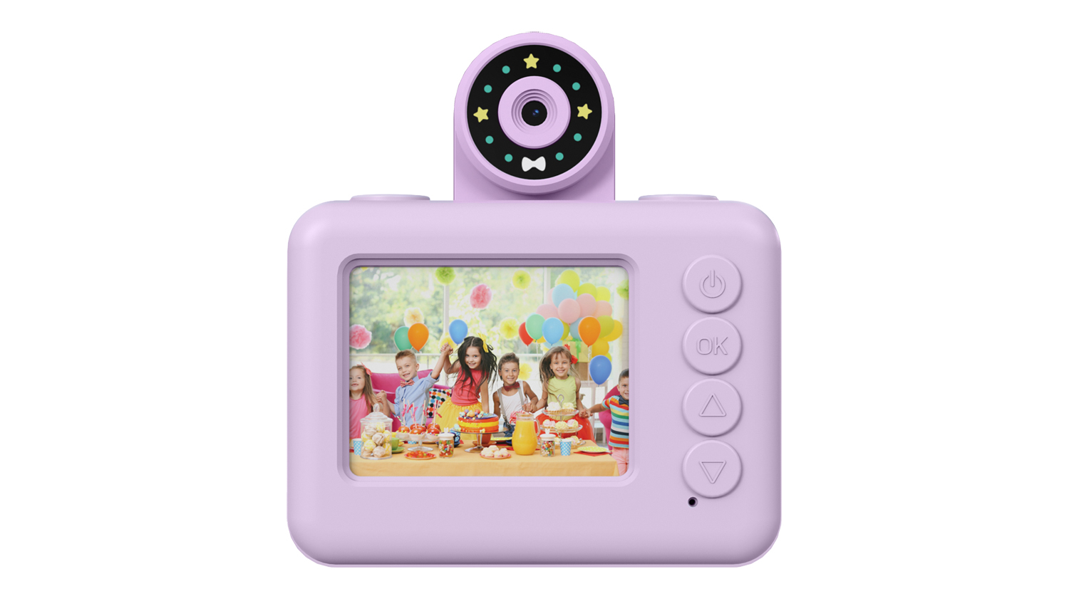 Front view of a lilac Pixbee PixPlay (Gen 2) Digital Camera for Kids, featuring a rear display screen and side control buttons