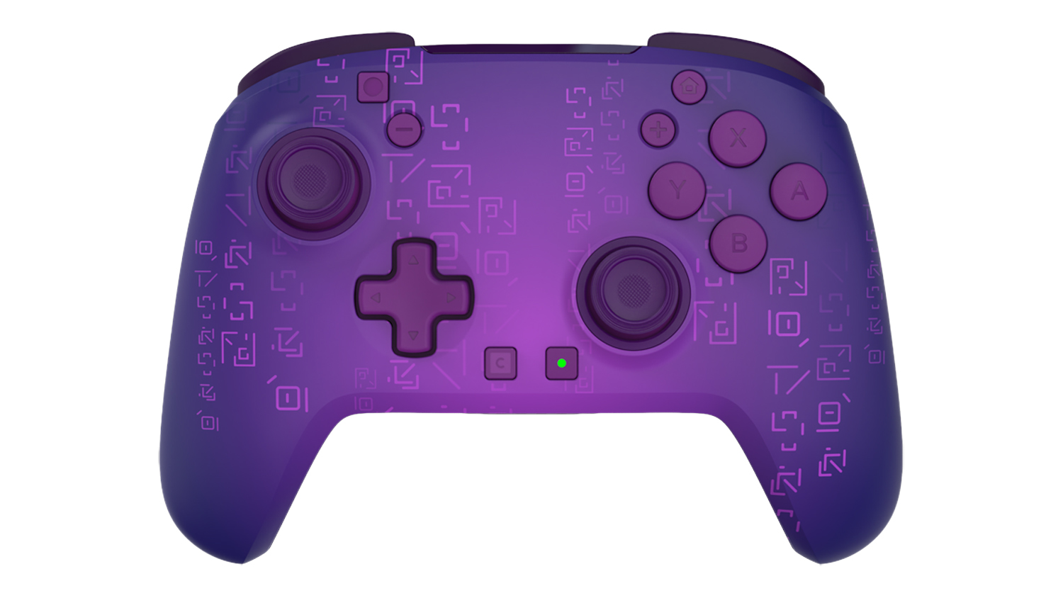 Front view of a Turtle Beach Rematch Wireless Controller for Nintendo Switch 2 featuring pink neon glyphs and a standard asymmetrical joystick layout