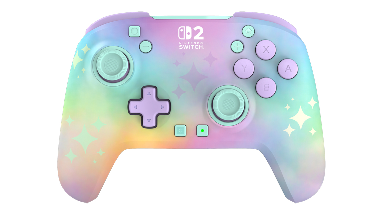 Front view of the Turtle Beach Rematch Wireless Controller for Nintendo Switch 2 with a dark iridescent finish and colourful star pattern design