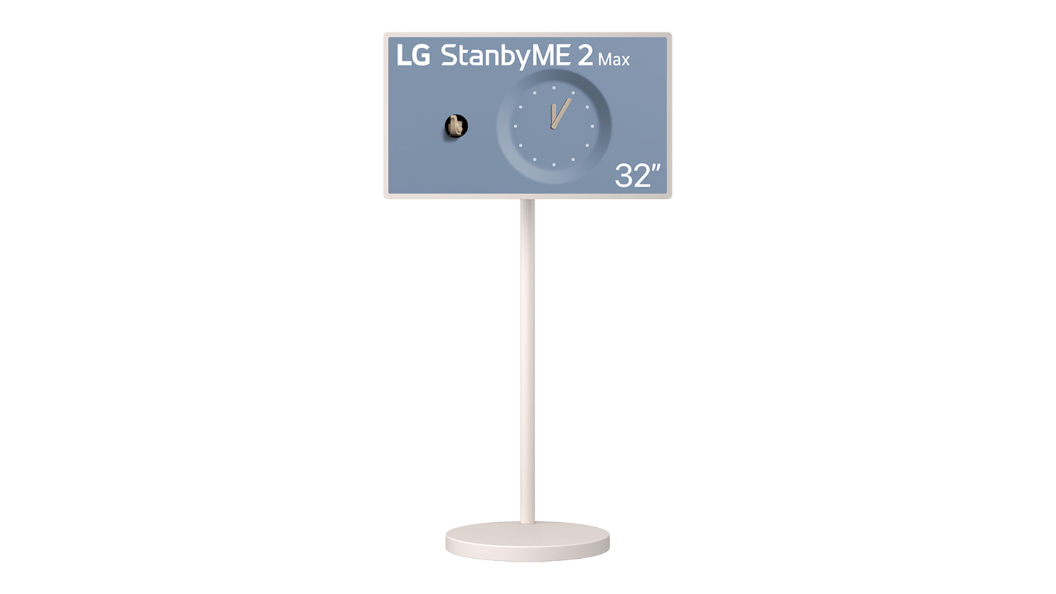 Front view of an LG 32-inch StanbyME 2 Max Portable Touch Screen Smart 4K UHD TV (2026) with webOS on a tall white pedestal stand, displaying a blue clock face interface