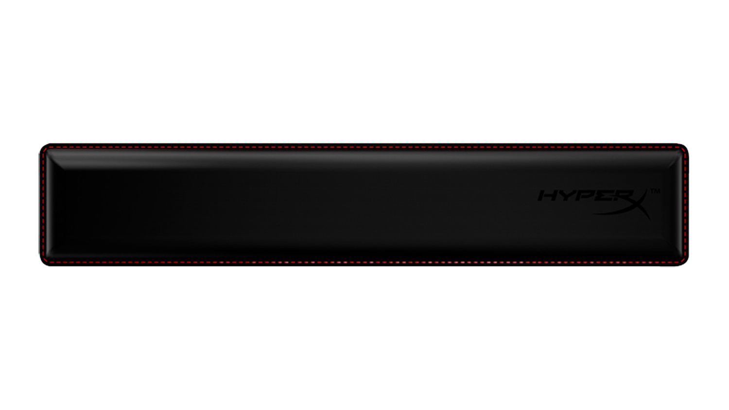 Front view of a black HyperX wrist rest for a full-size keyboard with cushioned padding, rounded edges, and a red stitched border
