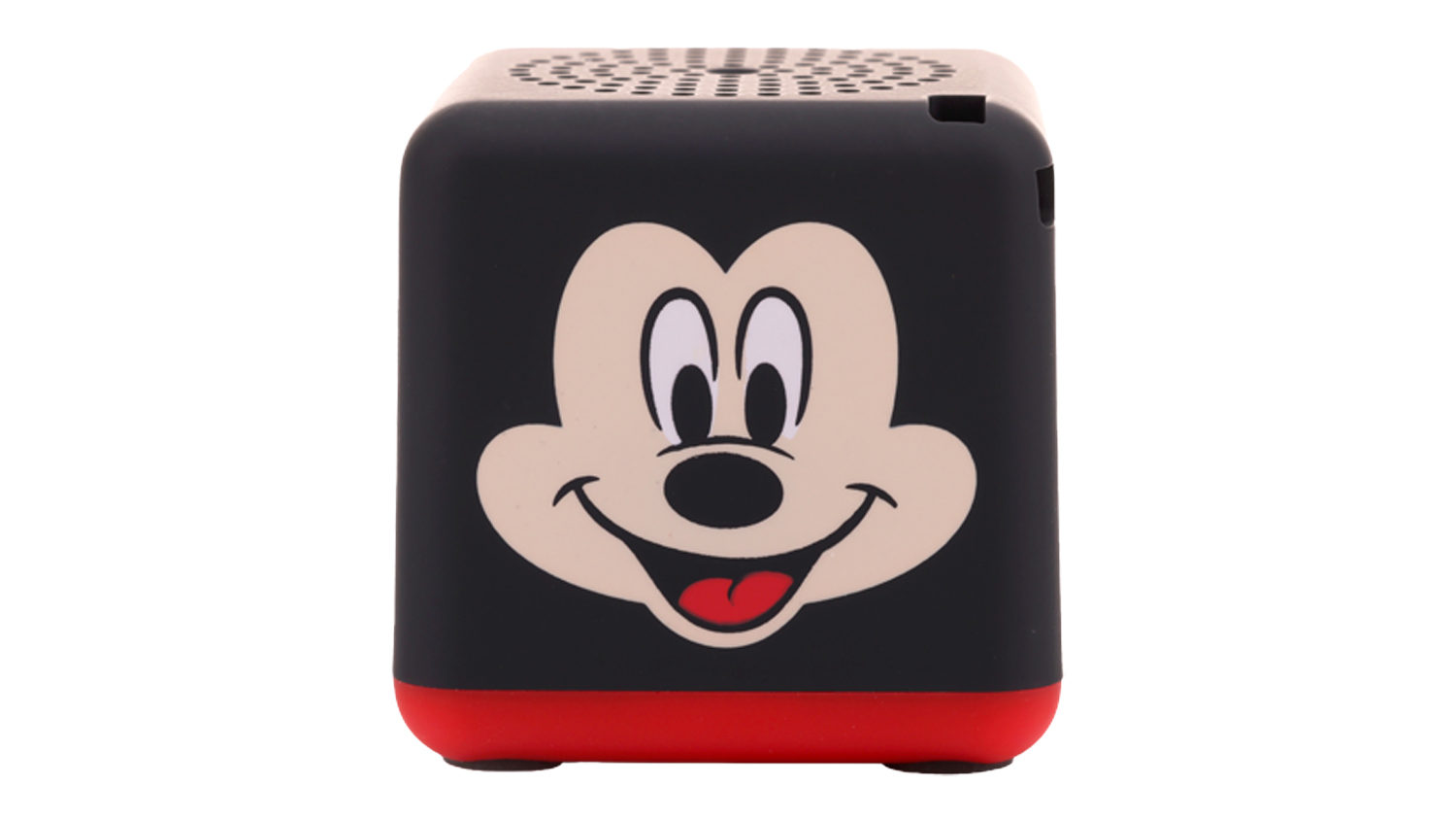 Front view of a Mickey Mouse Bitty Boomer Portable Bluetooth Speaker, featuring Mickey Mouse's face and a red base