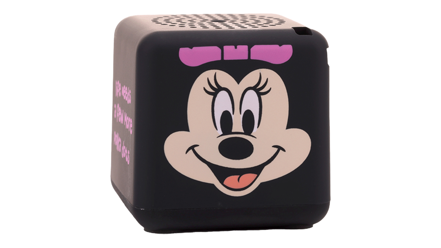 Minnie Mouse Bitty Box Portable Bluetooth Speaker in black with a pink bow and smiling face print