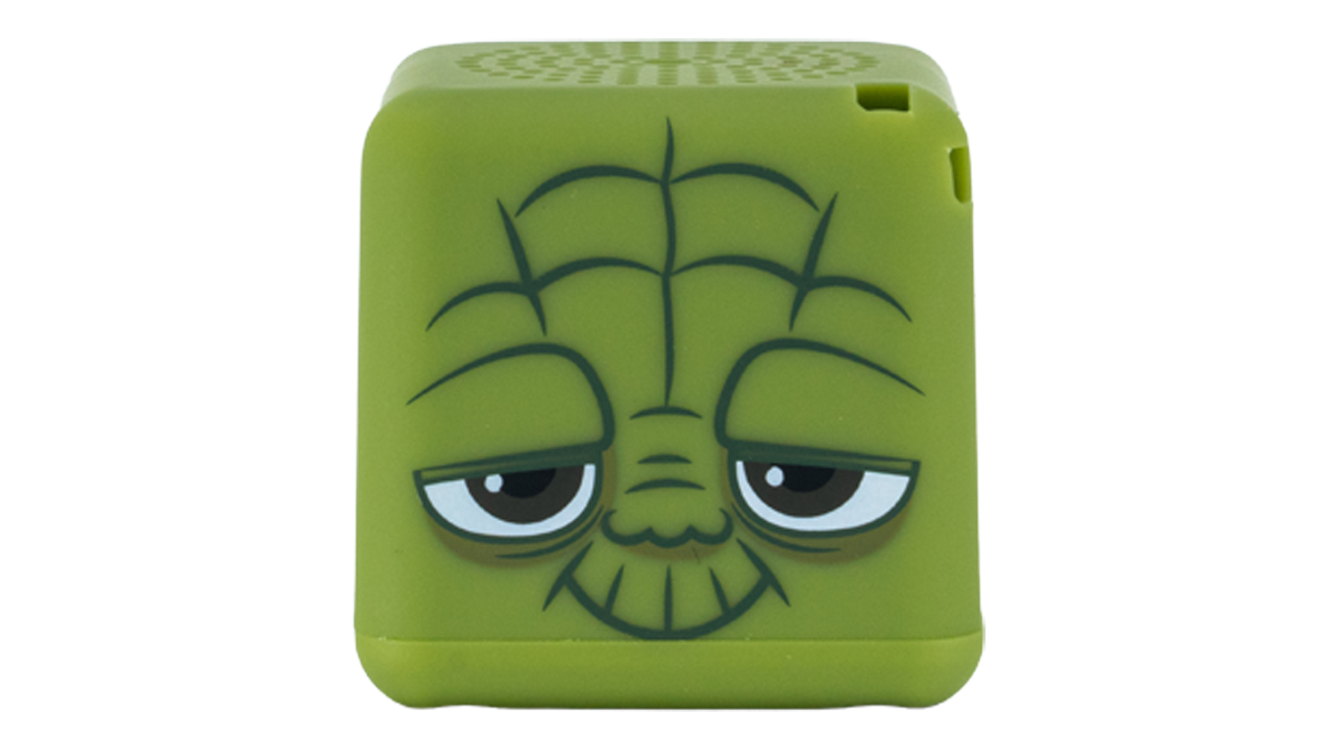 Front view of a green Yoda-themed Bitty Box Portable Bluetooth Speaker with a stylised cartoon face