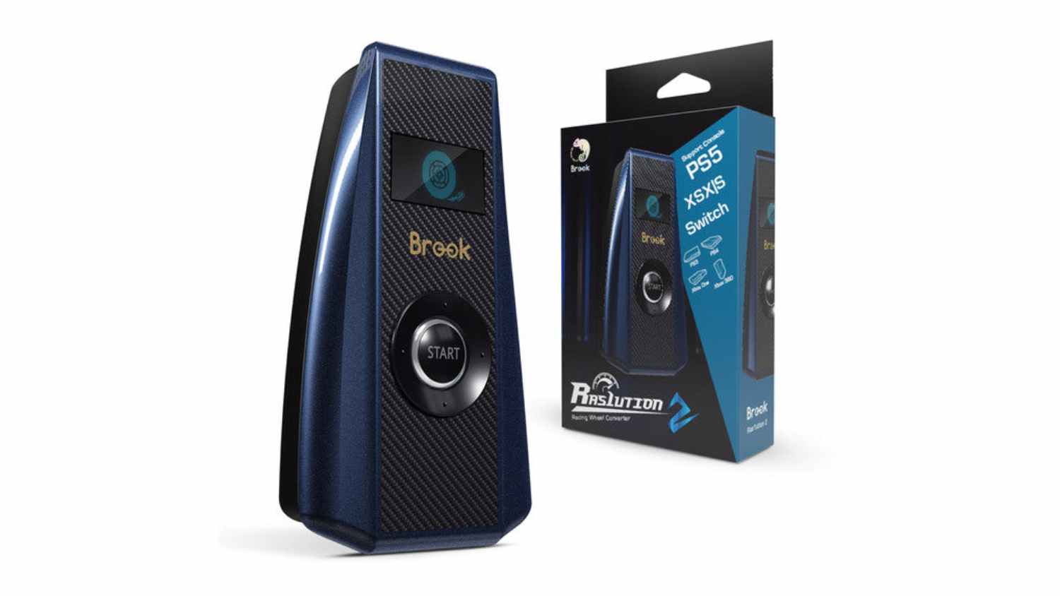 Front angled view of the Brook RAS1UTION2 Racing Wheel Console Adapter in metallic blue with a carbon-fibre texture and retail packaging box