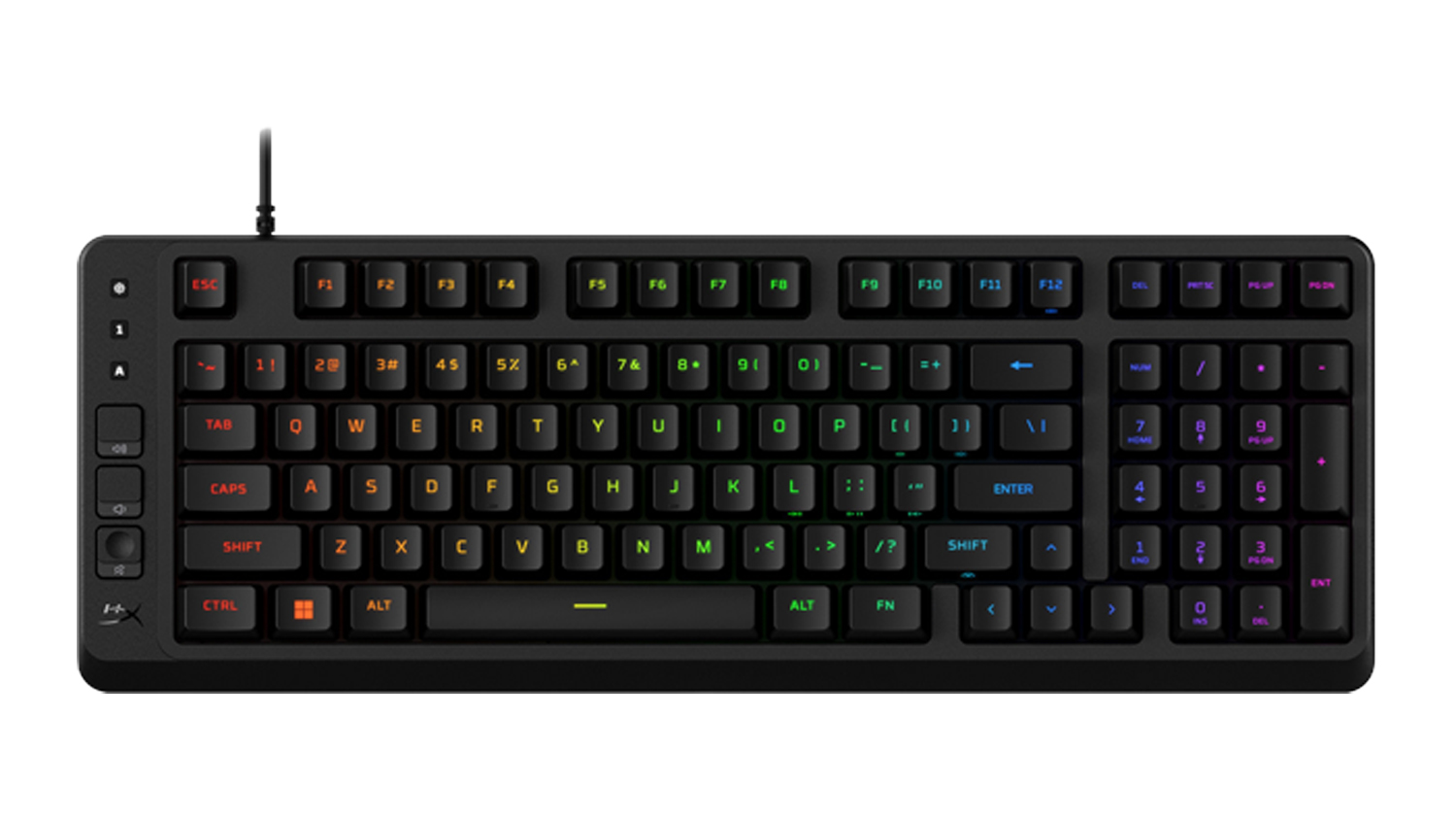 Front view of a black HyperX Alloy Rise 1800 gaming wired keyboard with rainbow-backlit keys and a numeric keypad