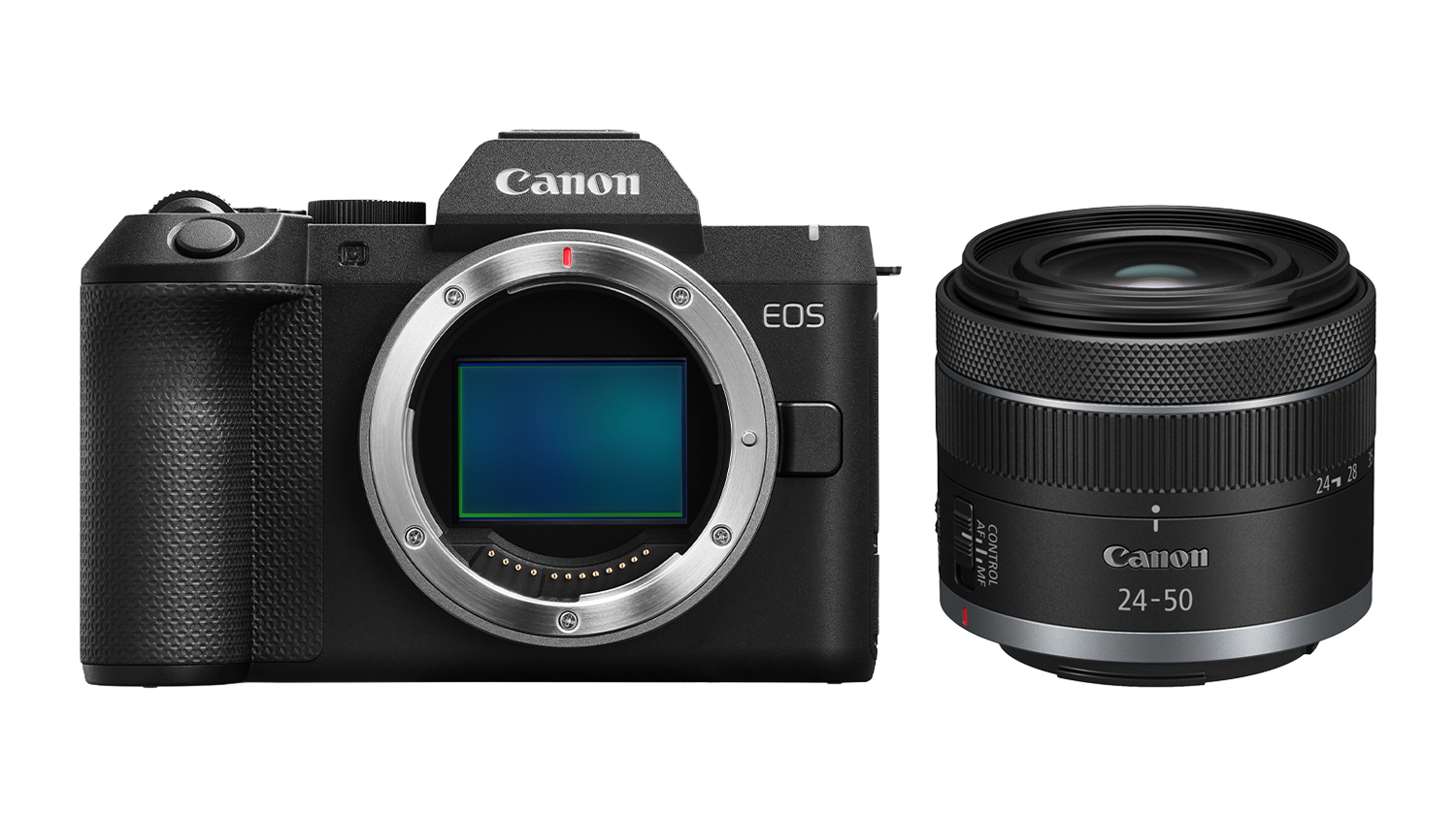 Front view of a black Canon EOS R8 Mark II full-frame mirrorless camera with an RF 24-50mm f/4.5-6.3 IS STM lens, featuring the exposed sensor beside the Canon RF 24-50mm lens