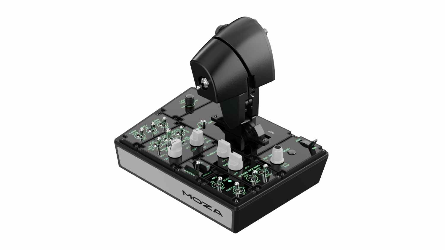 Angled view of the MOZA Racing MTP Simulator Flight Throttle with a black housing, white control levers, and toggle switches