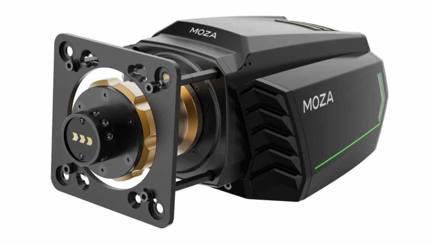 Angled view of the MOZA Racing Multi-Function Stalks Wheelbase Adapter Plate with a black housing, gold mounting hub, and green LED accents